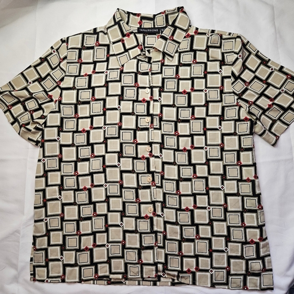 Impressions Womens Beige And Black Geometric Design Button Up Blouse Size L - Picture 1 of 13